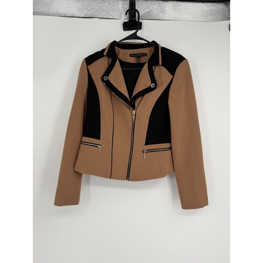 White House Black Market Jacket Womens 6 Tan Moto Colorblock Zip Blazer
